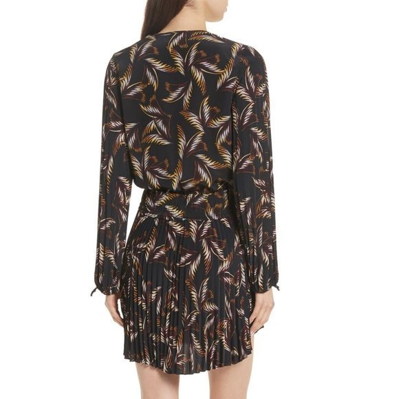 A.L.C. Rory Pleated palm leaves Retro Miami Cocktail V-neck Silk Mini Dress - Picture 2 of 16